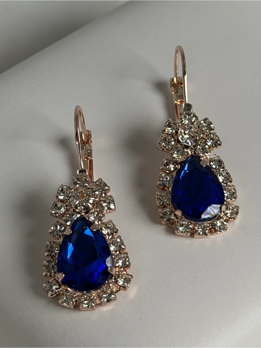 Royal Blue Crystal Teardrop Dangle Earrings Rose Gold Tone Lever-back
